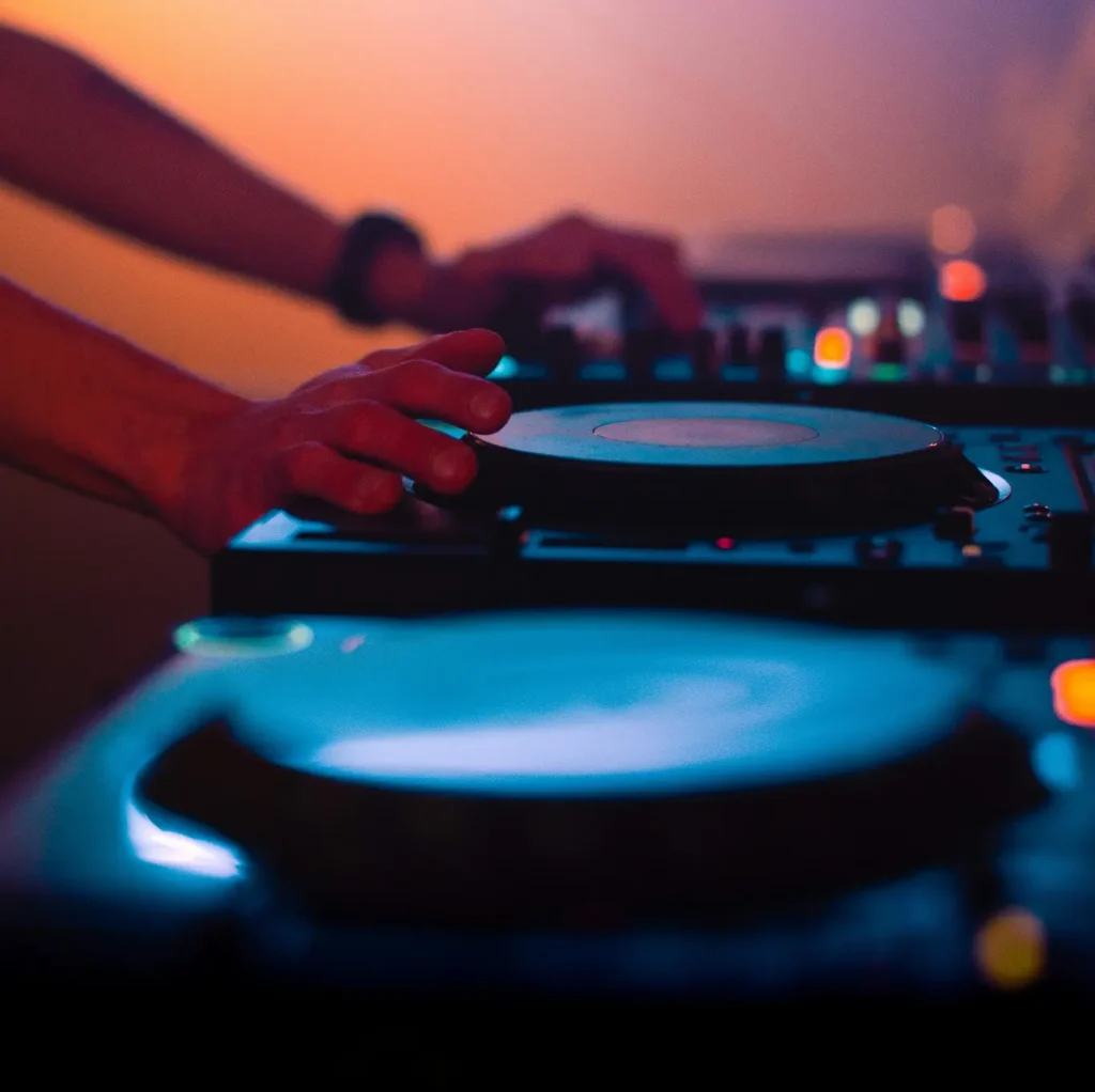 DJ mixant sur une platine lors d'une soirée à ambiance colorée